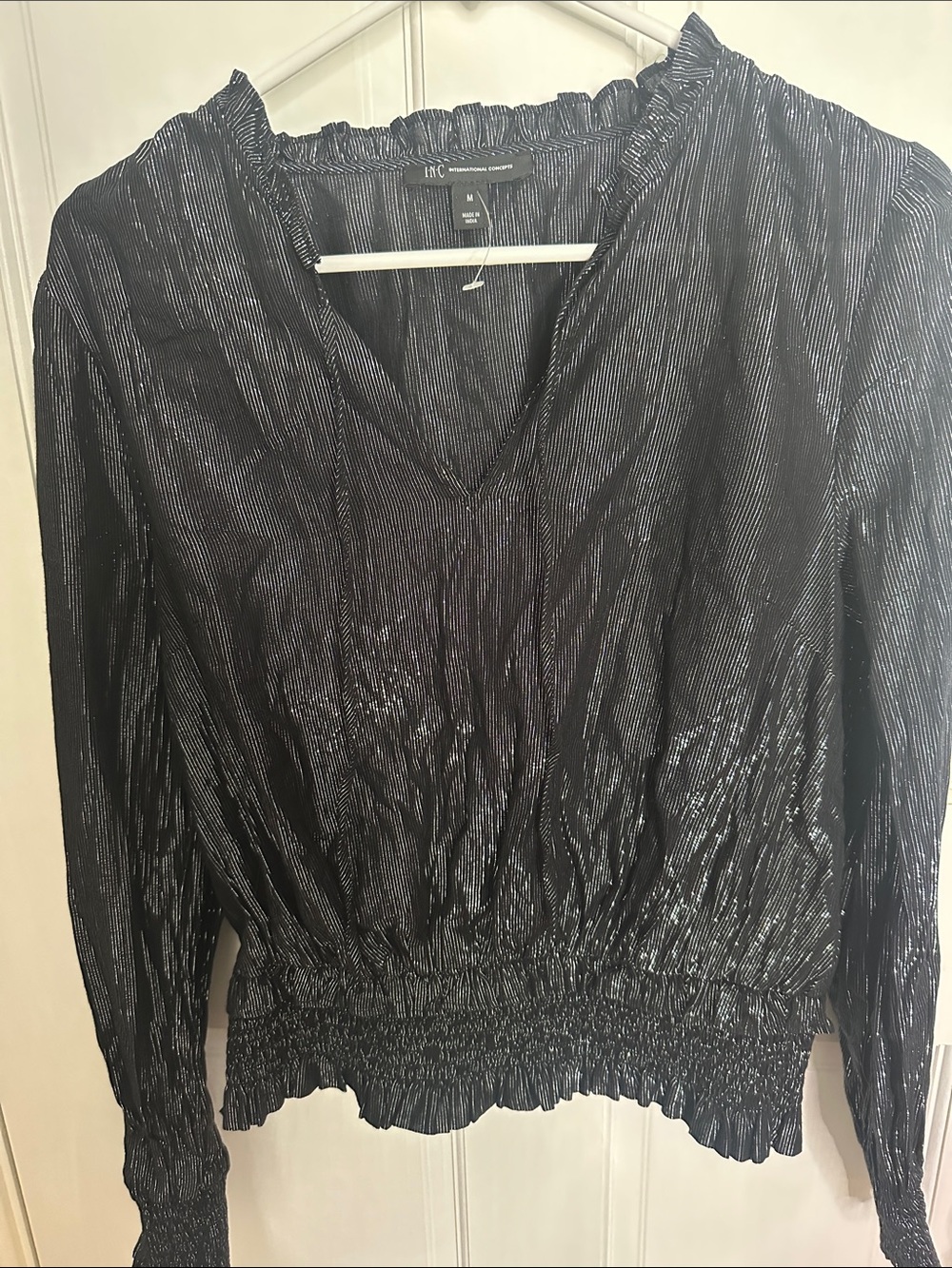 INC International Concepts Black Metallic-Striped V-Neck Blouse M - Picture 6 of 8